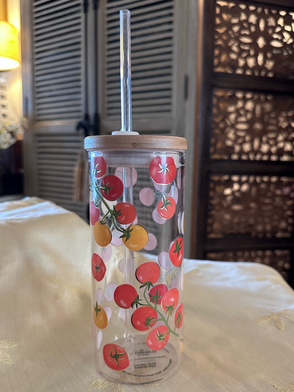Clementine Paper Inc. Tomato Glass Tumbler w/ Bamboo Lid and Straw. New.